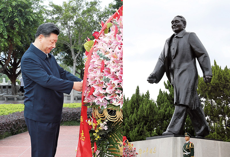 2020年10月14日，習(xí)近平總書記向深圳蓮花山公園鄧小平同志銅像敬獻(xiàn)花籃。