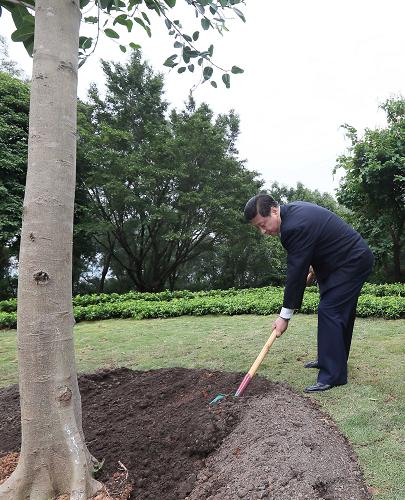 2012年12月7日至11日，習(xí)近平在廣東省考察工作。這是8日上午，習(xí)近平在深圳蓮花山公園種下一棵高山榕樹(shù)。新華社記者 蘭紅光 攝