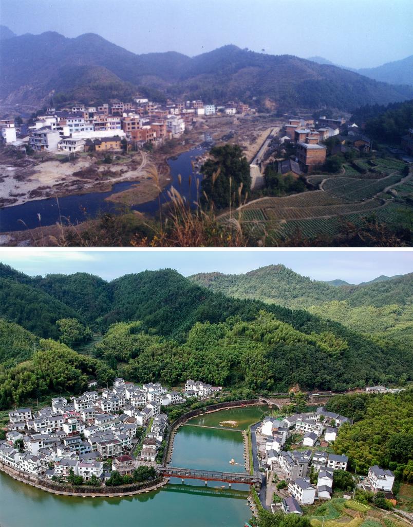 圖為浙江省杭州市淳安縣楓樹(shù)嶺鎮(zhèn)下姜村拼版圖，其中上圖為資料照片、下圖由新華社記者張鋮攝。